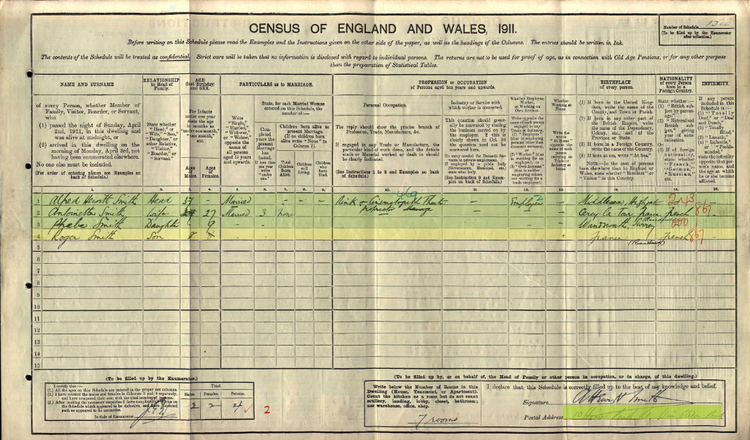 1911 Census record for Alfred Hewitt Smith, Wimbledon, occupation Rink and Cinematograph Theatre Proprietor and Manager